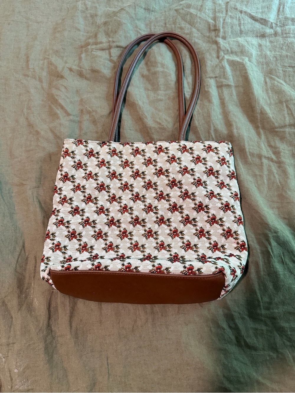 Woven Floral Tote Bag in Cream and Brown